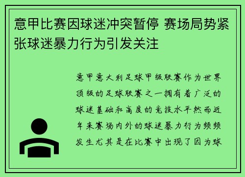意甲比赛因球迷冲突暂停 赛场局势紧张球迷暴力行为引发关注 意甲比赛因球迷冲突暂停 赛场局势紧张球迷暴力行为引发关注