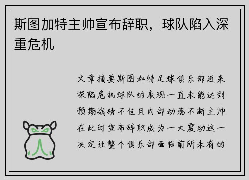 斯图加特主帅宣布辞职,球队陷入深重危机 斯图加特主帅宣布辞职,球队陷入深重危机