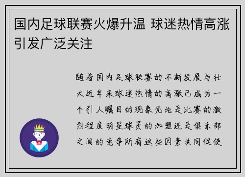 国内足球联赛火爆升温 球迷热情高涨引发广泛关注 国内足球联赛火爆升温 球迷热情高涨引发广泛关注